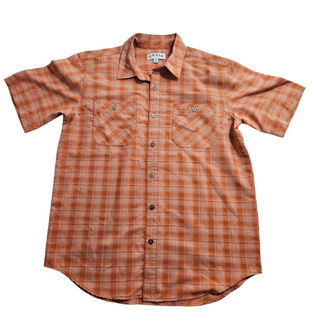 Orvis Button‎ Down Shirt Medium Orange Plaid Short Sleeve Ventilated Pocket *